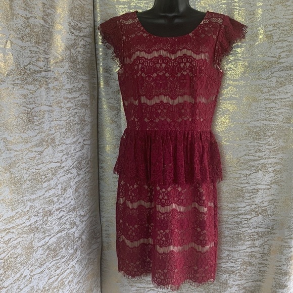 Anthropologie Maeve Burgundy Elsa Lace Peplum Cocktail Dress Size XS - Picture 5 of 15